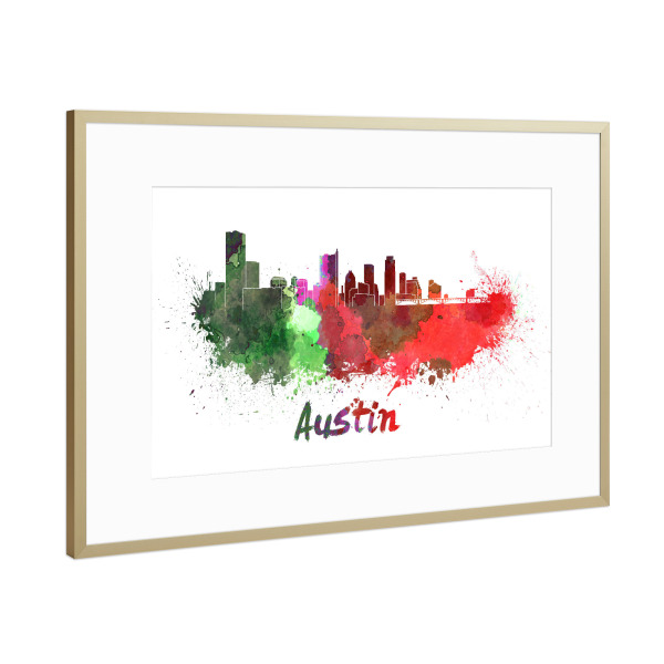 Poster mit Rahmen Gold "AUSTIN v2 Skyline in watercolor-b" artboxONE - Städte,Reise,Abstrakt,Architektur