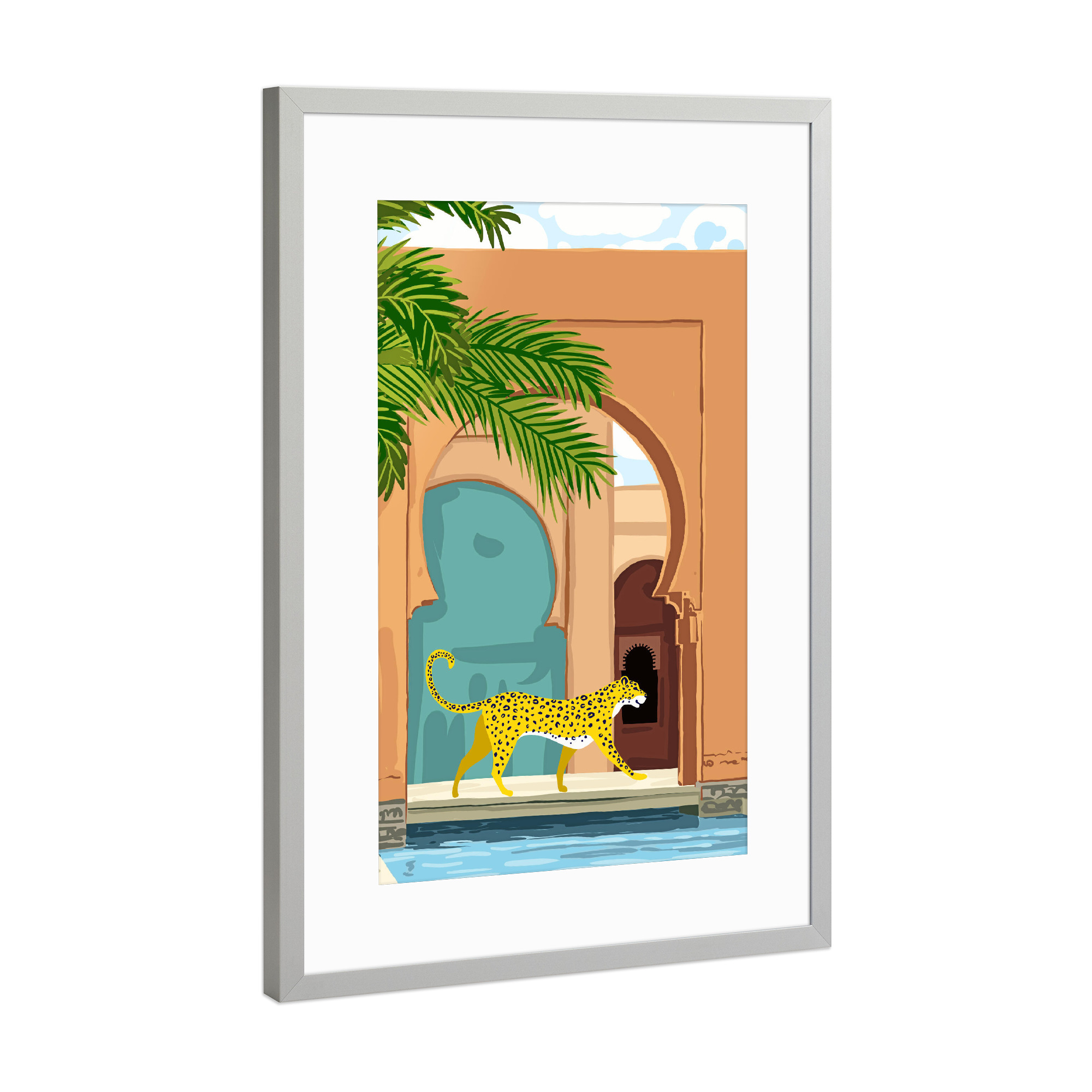 Poster mit Rahmen Silber "Cheetah under the Moroccan arch" artboxONE - Tiere,Architektur