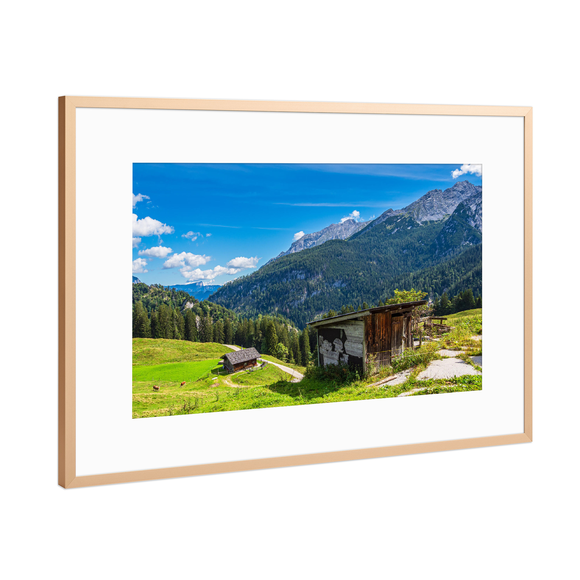 Poster mit Rahmen Kupfer "Alte Hütte, Wald und Berge" artboxONE - Natur,Reise