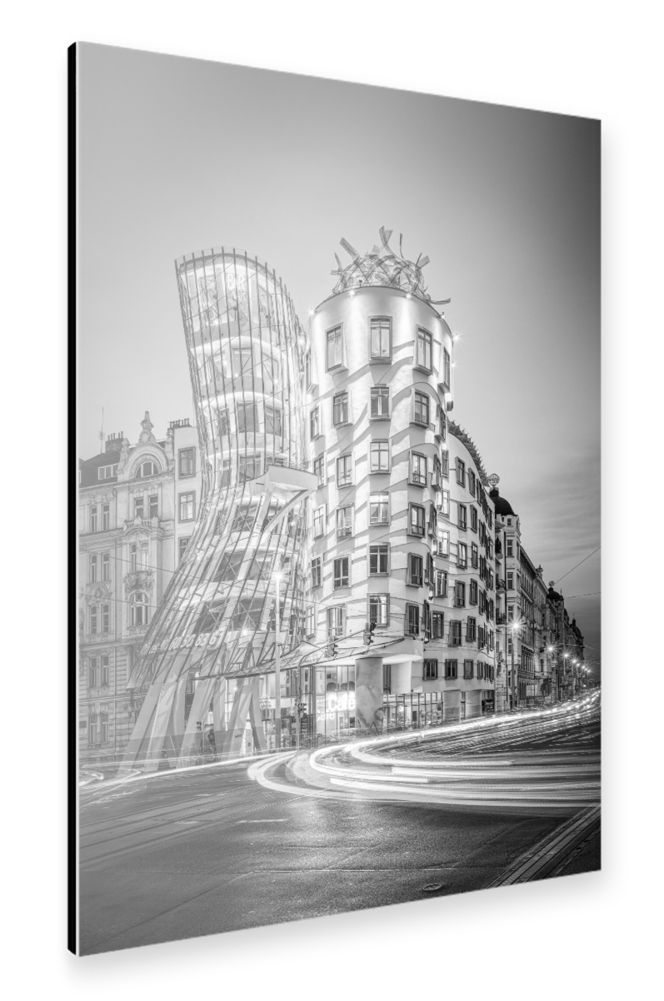 Alu-Dibond "Tanzendes Haus Prag schwarz-weiß" 30x20 cm artboxONE