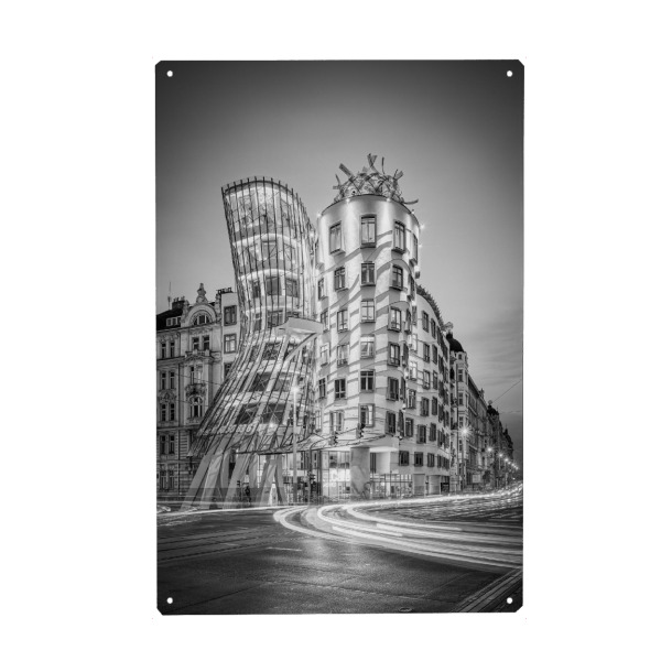 Metall Poster "Tanzendes Haus Prag schwarz-weiß" artboxONE - Reise,Architektur,Städte / Prag