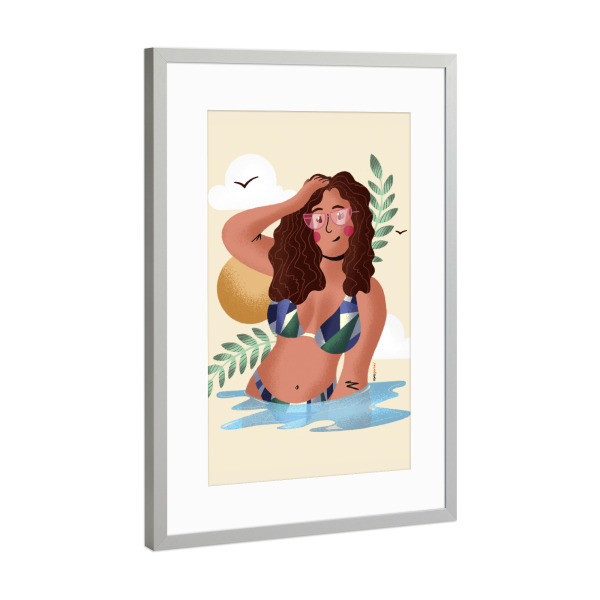 Poster mit Rahmen Silber "Woman On the Beach Yellow" artboxONE - Natur,Floral,Comic,Menschen - Woman,Beach,Summer,Vacation,Sun,Sea,Floral
