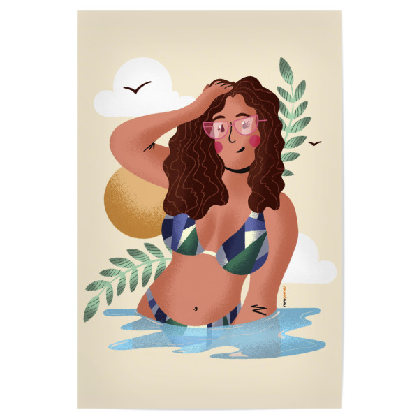 Poster 30x20 cm "Woman On the Beach Yellow" artboxONE - Natur,Floral,Comic,Menschen - Woman,Beach,Summer,Vacation,Sun,Sea,Floral