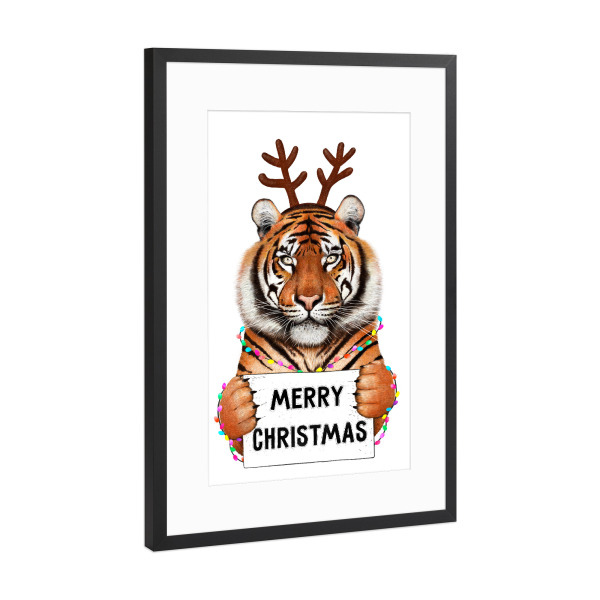 Poster mit Rahmen Schwarz (Metallic) "Tiger in Christmas" artboxONE - Natur,Tiere,Weihnachten,Lustig