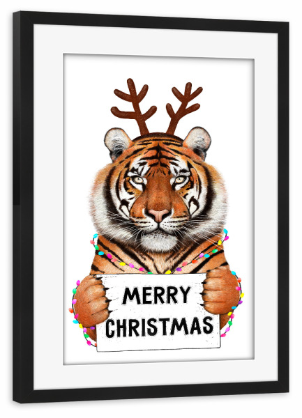 Poster mit Rahmen schwarz "Tiger in Christmas" artboxONE - Natur,Tiere,Weihnachten,Lustig