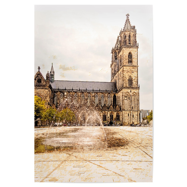 Poster "Magdeburger Dom mit Wasserspiel" artboxONE - Architektur - Dom,Magdeburger dom,Magdeburg,Architektur,Zeichnung,Architecture,Gebäude,Building