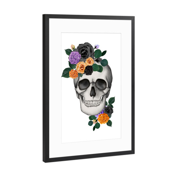 Poster mit Rahmen Schwarz (Metallic) "Flowers Scull" artboxONE - Floral,Abstrakt,Festivals,Halloween,Lustig