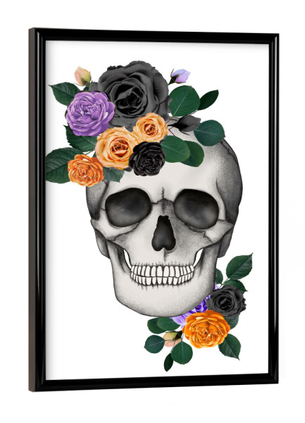 Poster mit schwarzem Rahmen "Flowers Scull" artboxONE - Floral,Abstrakt,Festivals,Halloween,Lustig