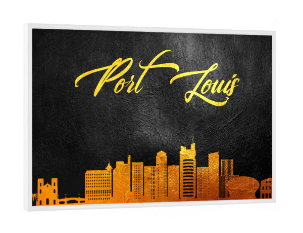 Poster mit weißem Rahmen "Port Louis Mauritius Gold Skyline" artboxONE - Städte - Port louis,Mauritius,Gold,Skyline,City,Stadt