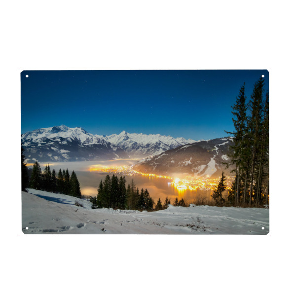 Holzbild "Zell am See bei Nacht" artboxONE - Natur,Reise - Nacht,Winter,Stadt,Nebel,Landschaft,Landscape,Night,Fog