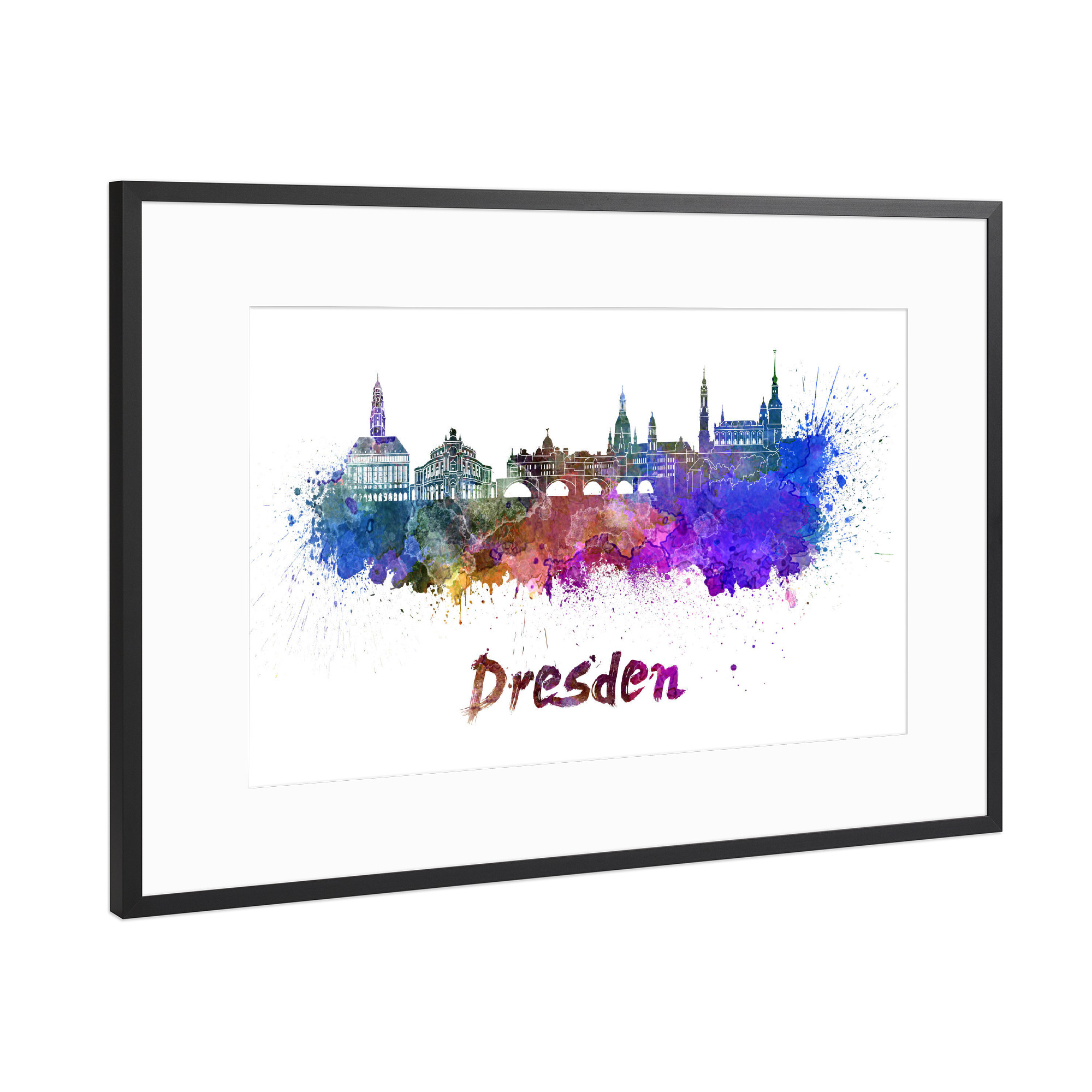 Poster mit Rahmen Schwarz (Metallic) "DRESDEN skyline in watercolor" artboxONE - Städte,Abstrakt,Architektur