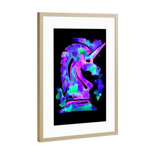 Poster mit Rahmen Gold "Lila Schach Einhorn" artboxONE - Für Kinder,Lustig