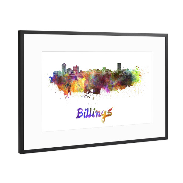 Poster mit Rahmen Schwarz (Metallic) "BILLINGS skyline in watercolor-b" artboxONE - Städte,Reise,Abstrakt,Architektur