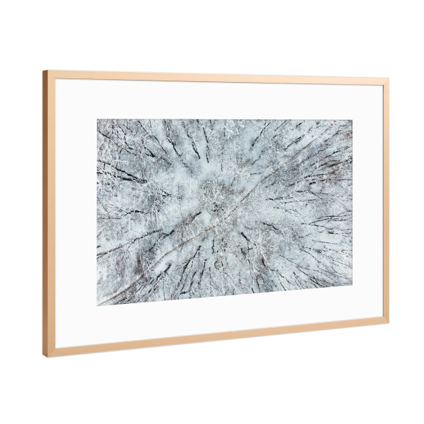 Poster mit Rahmen Kupfer "Über dem Wald" artboxONE - Natur,Reise,Abstrakt - Winter,Schnee,Kalt,Straße,Drohne,Von oben,Schwarz,Weiß,Natur,Nature,Snow