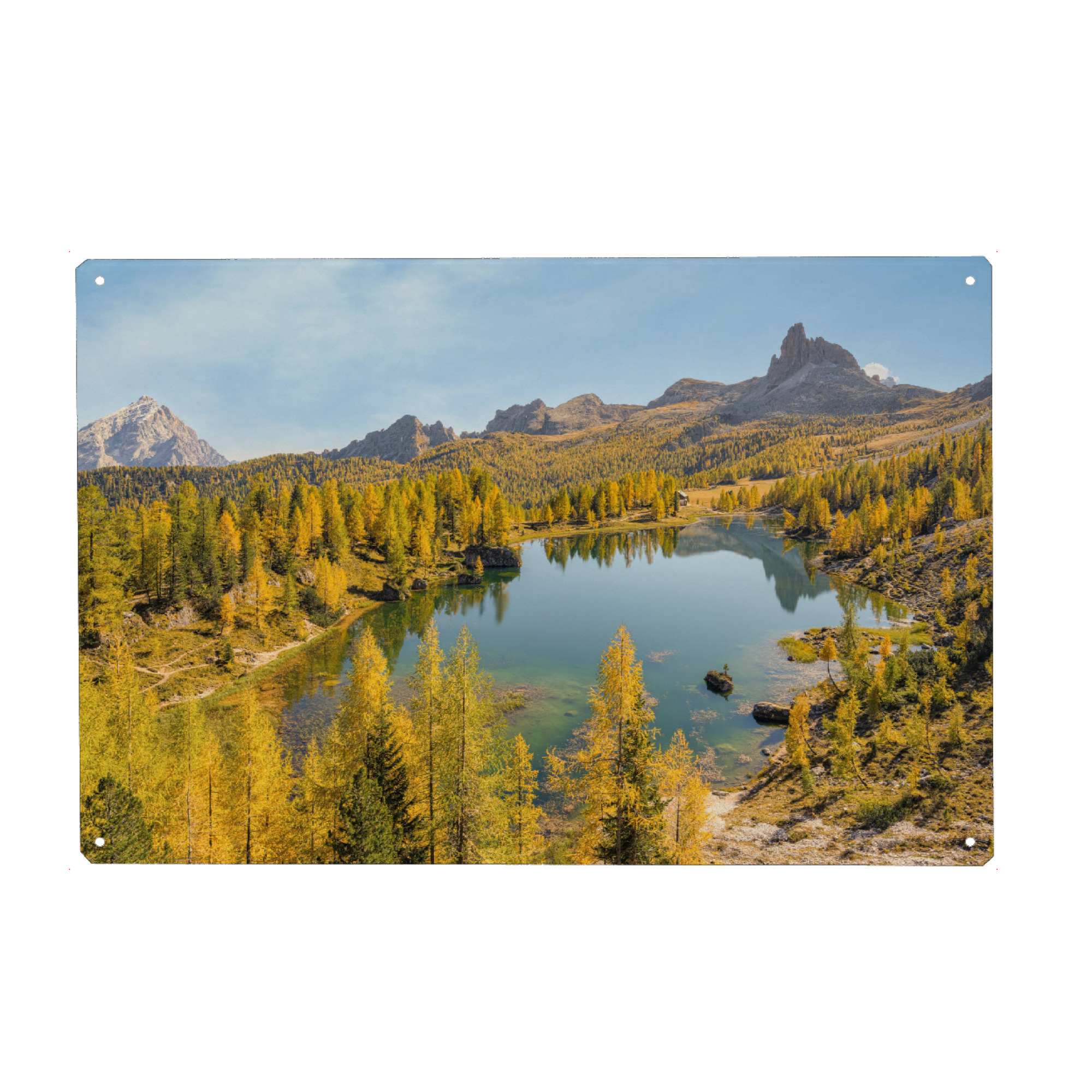 Holzbild "Gelbe Lärchen am Lago Federa" artboxONE - Natur,Reise,Reise / Länder