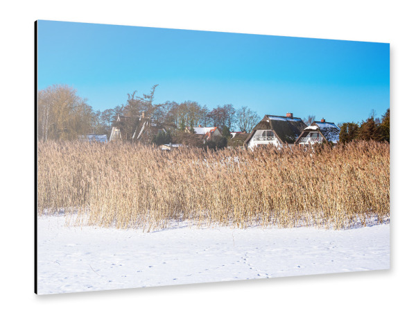 Alu-Dibond "Schnee, Schilf und Häuser" 30x20 cm artboxONE