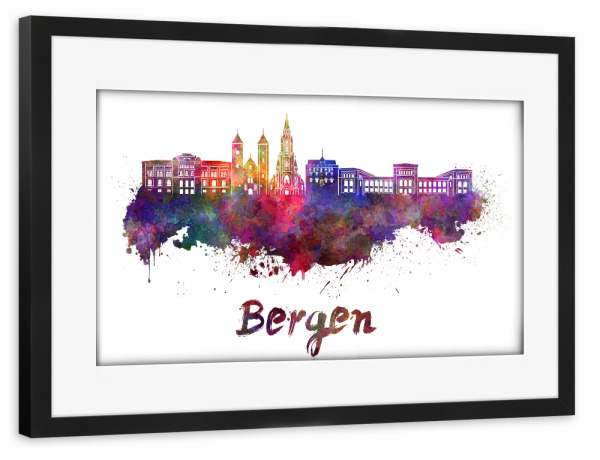Poster mit Rahmen schwarz "BERGEN skyline in watercolor-b" artboxONE - Städte,Reise,Abstrakt,Architektur