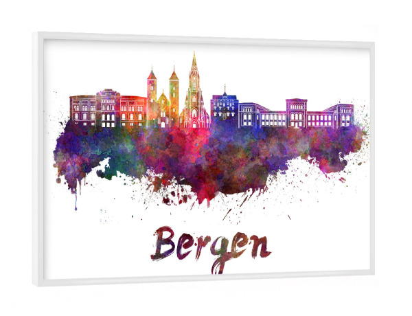 Poster mit weißem Rahmen "BERGEN skyline in watercolor-b" artboxONE - Städte,Reise,Abstrakt,Architektur