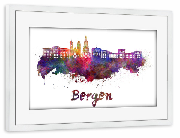 Poster mit Rahmen weiß "BERGEN skyline in watercolor-b" artboxONE - Städte,Reise,Abstrakt,Architektur