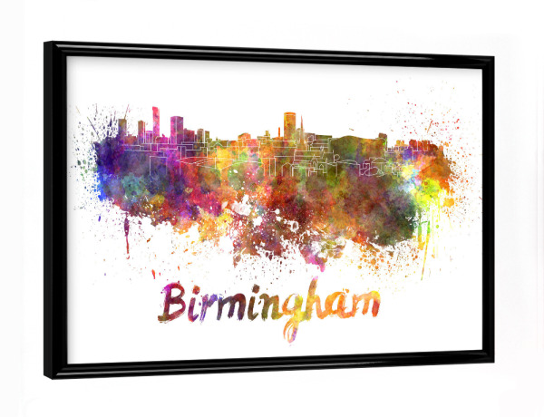 Poster mit schwarzem Rahmen "BIRMINGHAM skyline in watercolor-b" artboxONE - Städte,Reise,Abstrakt,Architektur