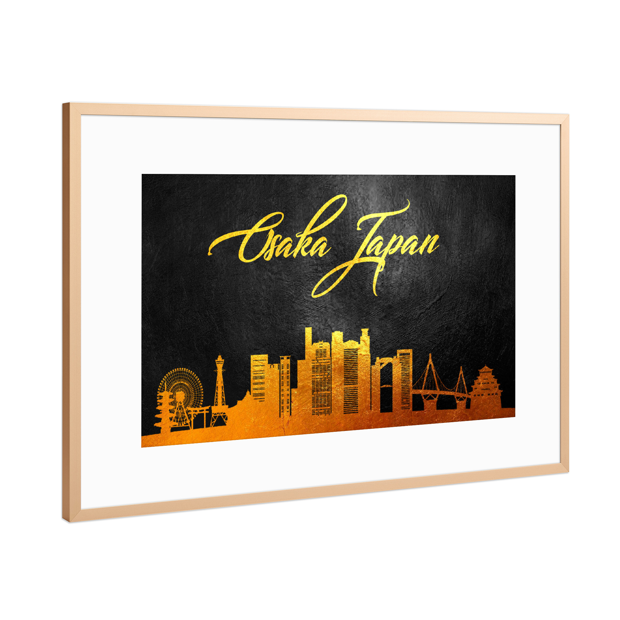Poster mit Rahmen Kupfer "Osaka Japan Gold Skyline" artboxONE - Städte - Osaka,Japan,Gold,Skyline,City,Stadt