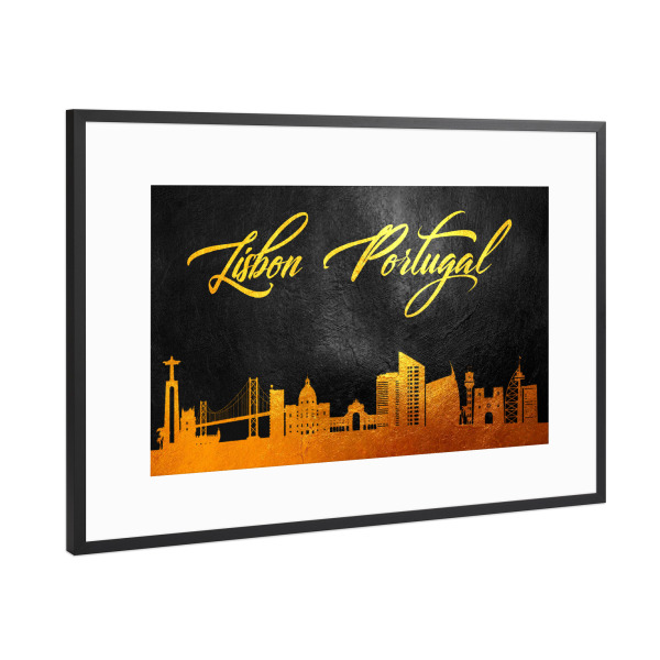 Poster mit Rahmen Schwarz (Metallic) "Lisbon Portugal Gold Skyline" artboxONE - Städte - Gold,Skyline,Lisbon,Portugal,City,Stadt