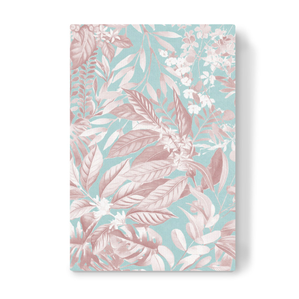 Leinwandbild "Laub Pink auf Blaugrün" artboxONE - Natur,Floral - Dschungel,Natur,Tropisch,Laub,Palme,Morandi,Pastell,Botanisch,Pflanze,Blätter
