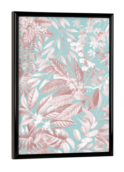 Poster mit schwarzem Rahmen "Laub Pink auf Blaugrün" artboxONE - Natur,Floral