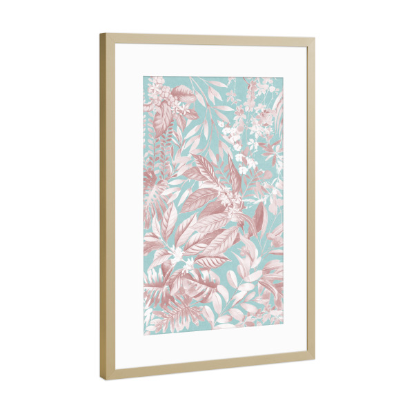 Poster mit Rahmen Gold "Laub Pink auf Blaugrün" artboxONE - Natur,Floral