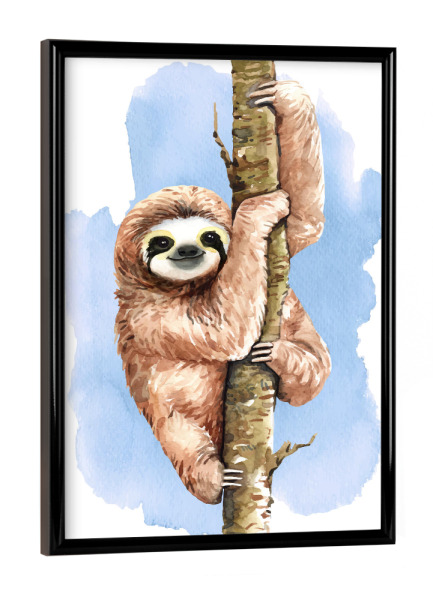 Poster mit schwarzem Rahmen "Faultier am Stamm" artboxONE - Für Kinder,Tiere