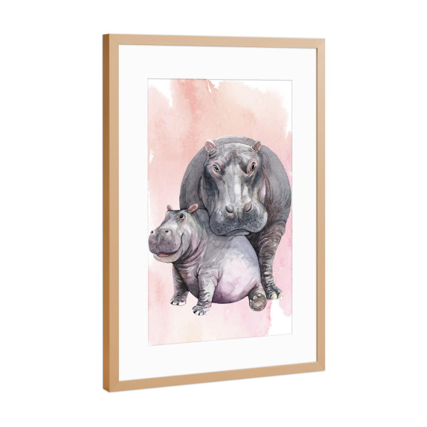 Poster mit Rahmen Kupfer "Nilpferdmama mit Kalb" artboxONE - Natur,Tiere