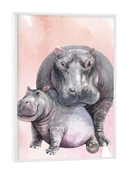 Poster mit weißem Rahmen "Nilpferdmama mit Kalb" artboxONE - Natur,Tiere