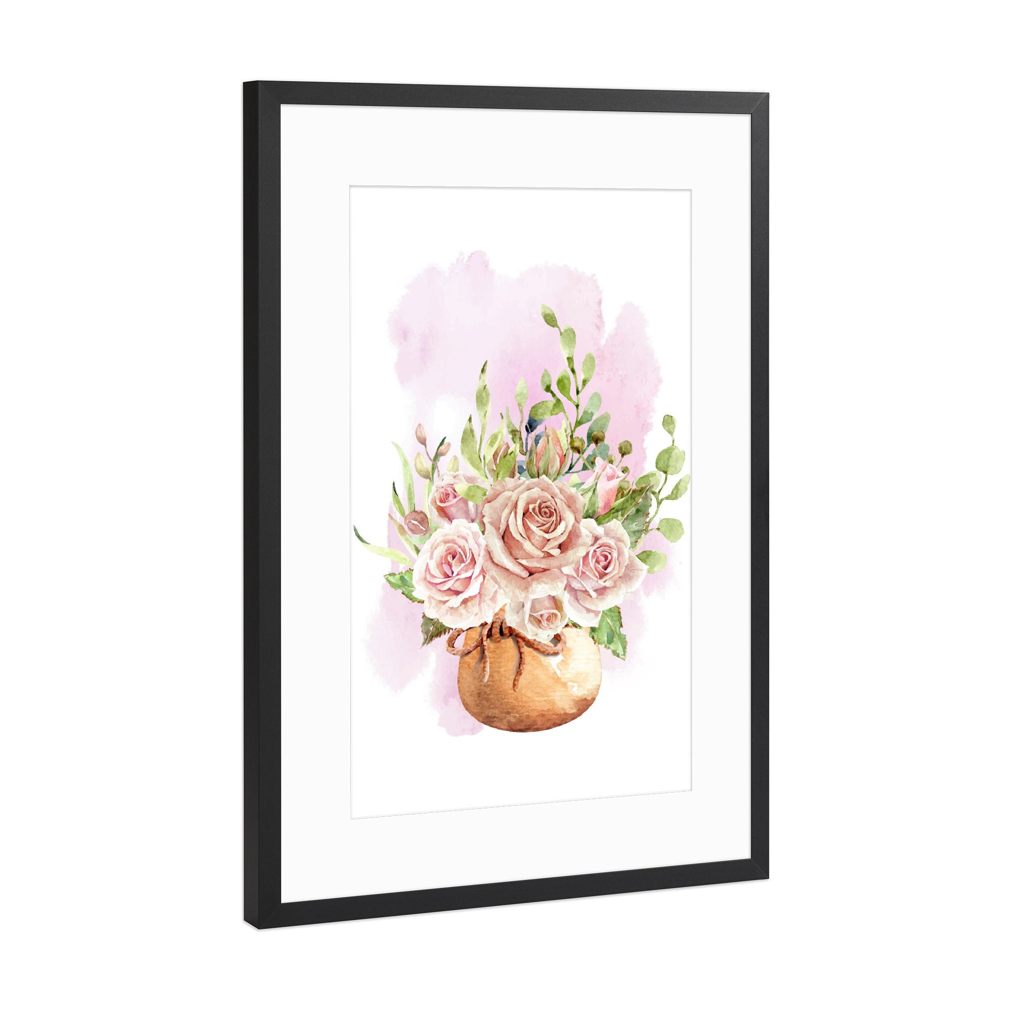Poster mit Rahmen Schwarz (Metallic) "Blumen im Stoffsack" artboxONE - Floral - Blume,Pflanze,Erde,Blühen,Aquarell,Flora,Garten,Topf,Plant,Flowers