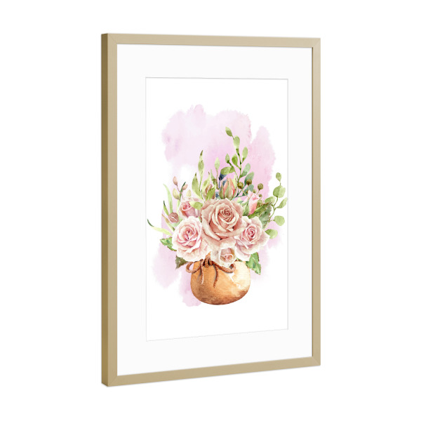 Poster mit Rahmen Gold "Blumen im Stoffsack" artboxONE - Floral - Blume,Pflanze,Erde,Blühen,Aquarell,Flora,Garten,Topf,Plant,Flowers