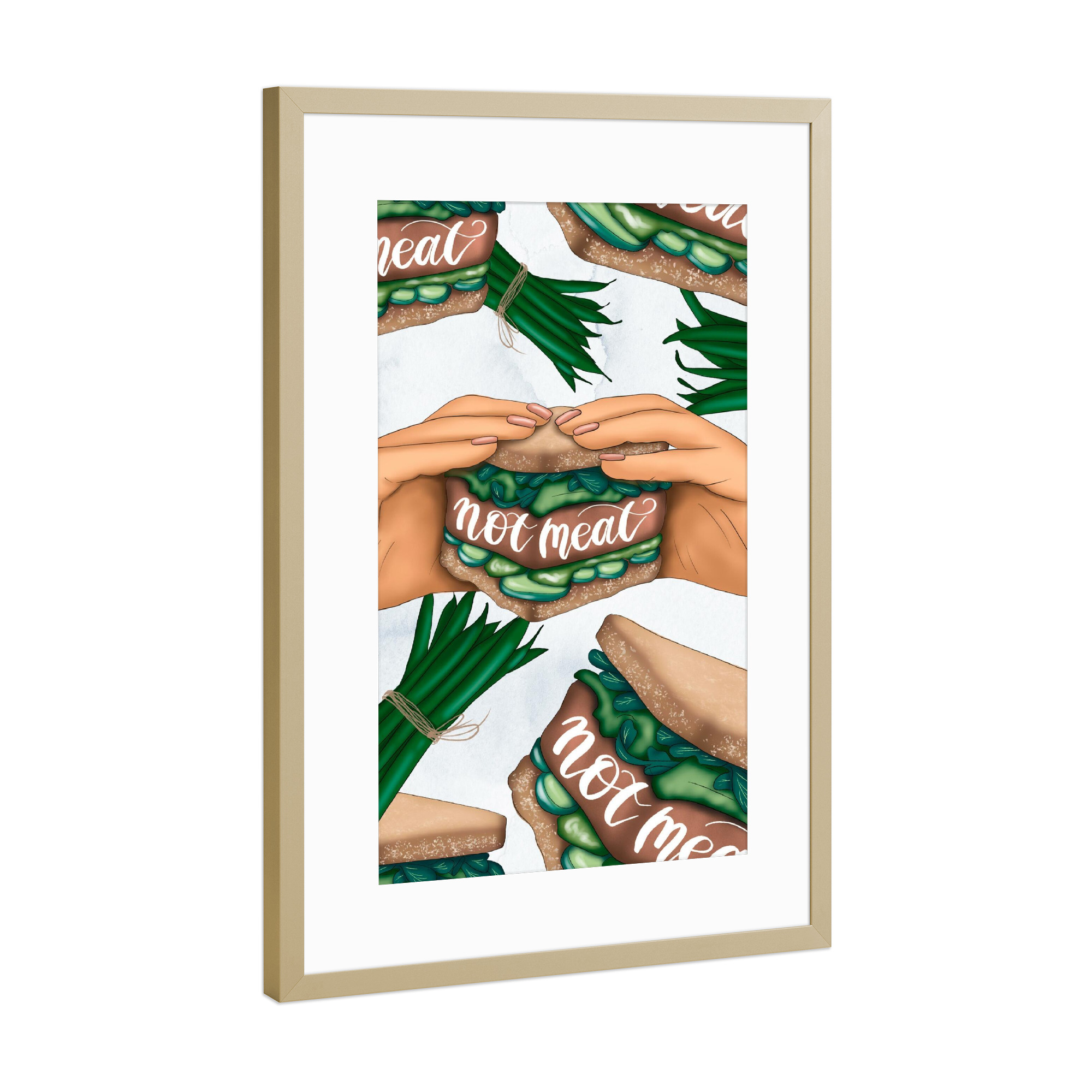 Poster mit Rahmen Gold "Not Meat Burger Pattern" artboxONE - Natur,Essen & Trinken,Essen & Trinken / Obst & Gemüse,Festivals,Lustig