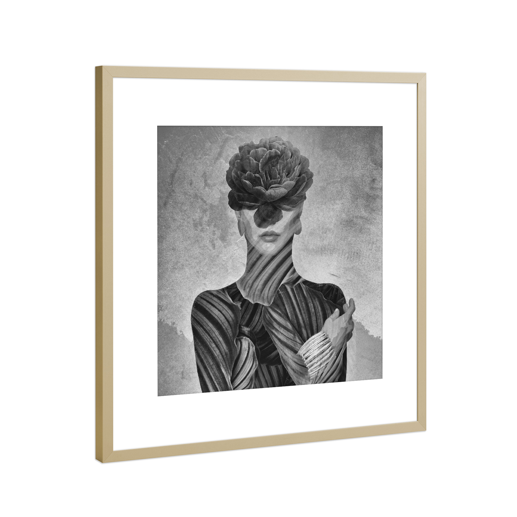 Poster mit Rahmen Gold "Floral Girl BW" artboxONE - Floral,Menschen - Woman,Girl,Lady,Feminine,Floral,Flower,Black and white,Schwarzweiß,Frau,Collage