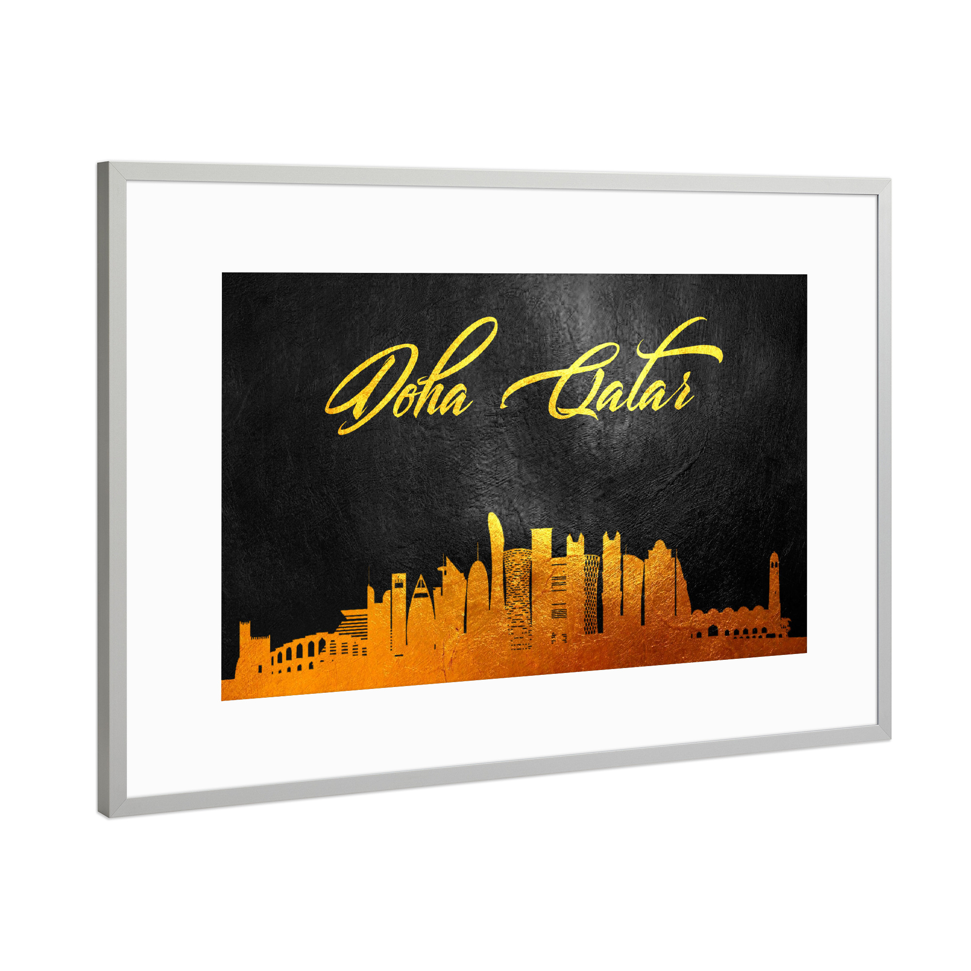 Poster mit Rahmen Silber "Doha Qatar Gold Skyline" artboxONE - Städte - Gold,Doha,Qatar,Skyline,City,Stadt