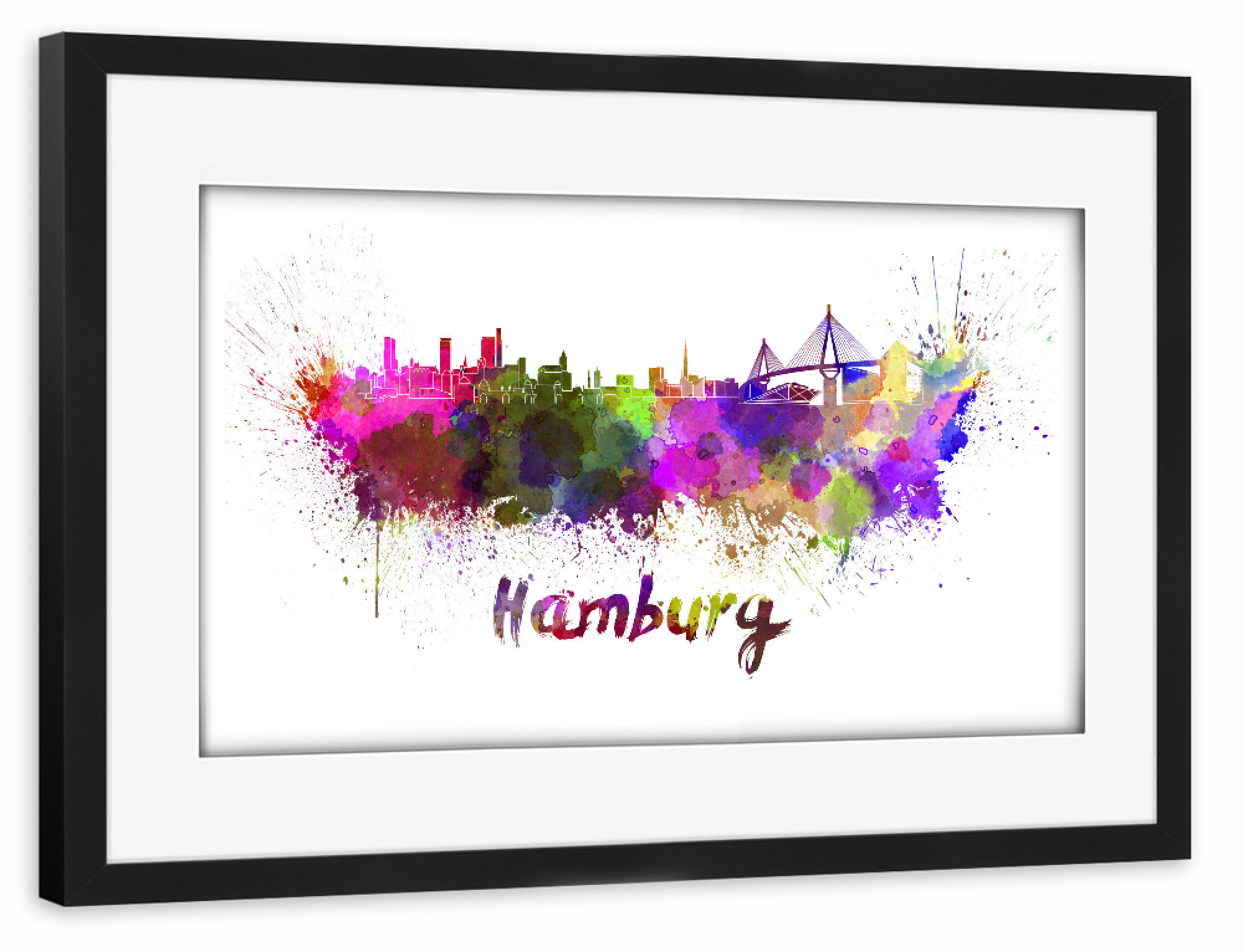 Poster mit Rahmen schwarz "HAMBURG skyline in watercolor-b" artboxONE - Städte,Abstrakt,Architektur