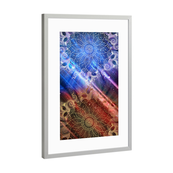 Poster mit Rahmen Silber "Mandala Dual Universe" artboxONE - Abstrakt - Mandala,Vector,Yoga,Boho,Fancy,Arabic,Abstract,Nature,Tribal,Universe,Abstrakt