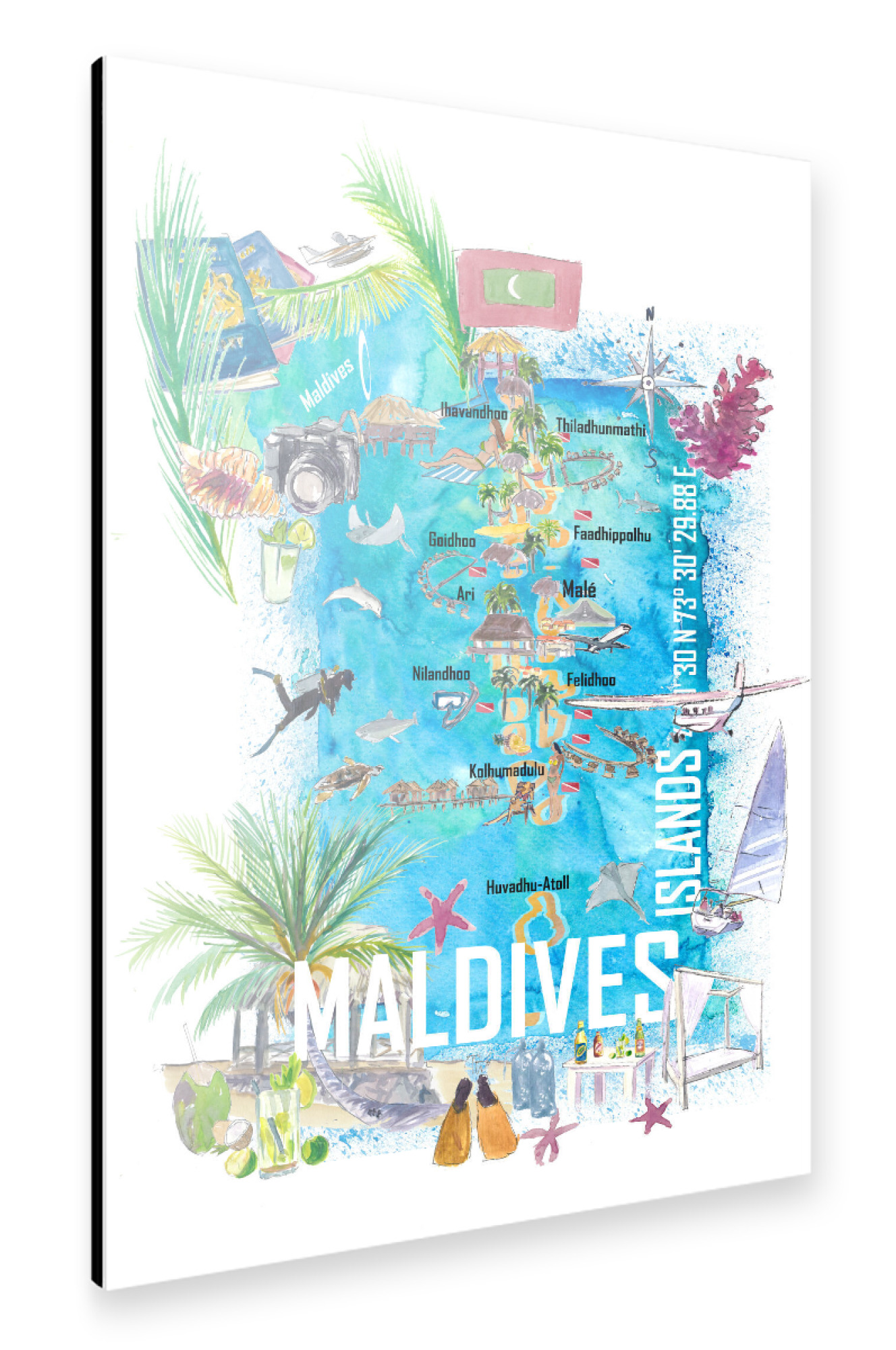 Alu-Dibond "Maldives Islands Illustrated Map" 30x20 cm artboxONE