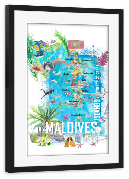 Poster mit Rahmen schwarz "Maldives Islands Illustrated Map" artboxONE - Reise,Reise / Strand und Meer,Buchstaben / M,Kartografie