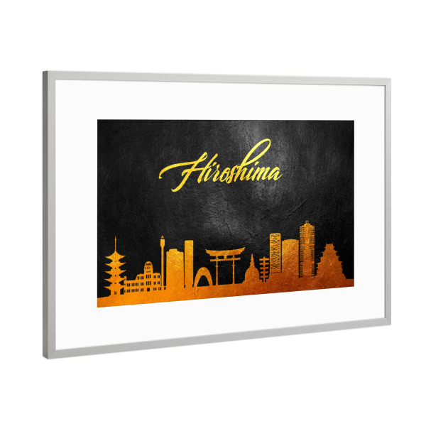 Poster mit Rahmen Silber "Hiroshima Japan Gold Skyline" artboxONE - Städte - Hiroshima,Gold,Japan,Skyline,City,Stadt