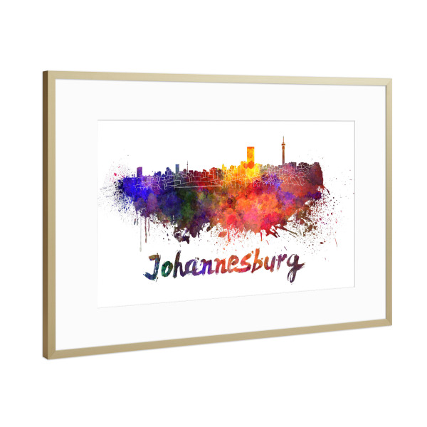 Poster mit Rahmen Gold "JOHANNESBURG skyline in watercolor" artboxONE - Städte,Abstrakt,Architektur