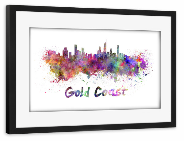 Poster mit Rahmen schwarz "GOLD COAST skyline in watercolor-b" artboxONE - Städte,Abstrakt,Architektur