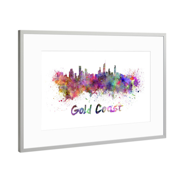 Poster mit Rahmen Silber "GOLD COAST skyline in watercolor-b" artboxONE - Städte,Abstrakt,Architektur