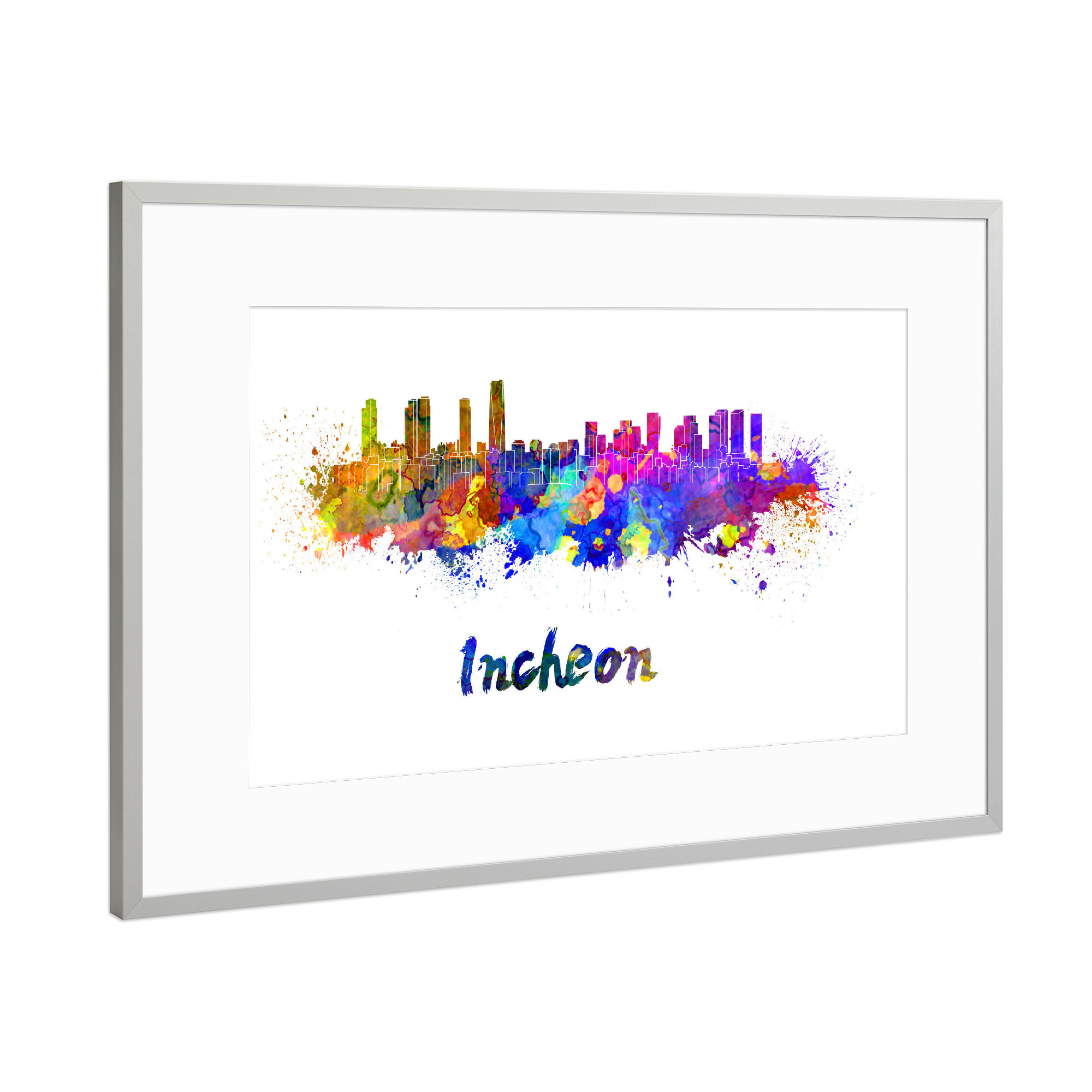 Poster mit Rahmen Silber "INCHEON skyline in watercolor-b" artboxONE - Städte,Abstrakt,Architektur