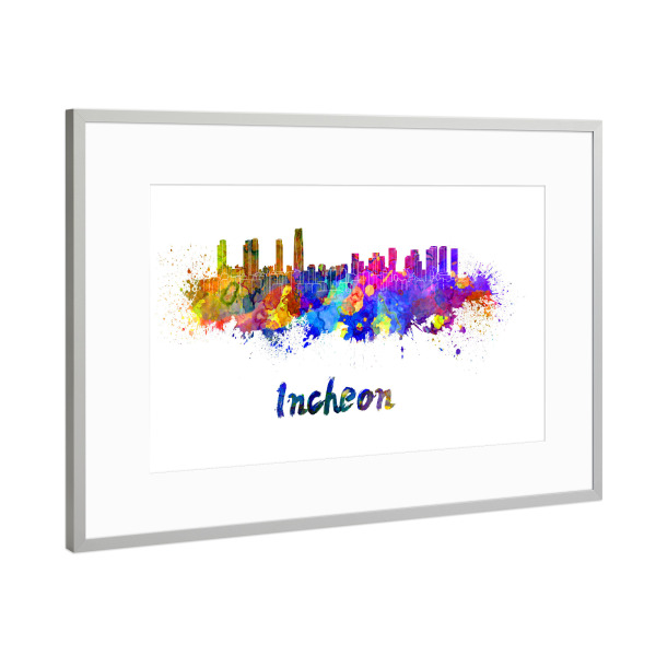 Poster mit Rahmen Silber "INCHEON skyline in watercolor-b" artboxONE - Städte,Abstrakt,Architektur