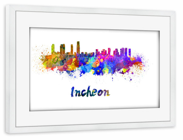 Poster mit Rahmen weiß "INCHEON skyline in watercolor-b" artboxONE - Städte,Abstrakt,Architektur