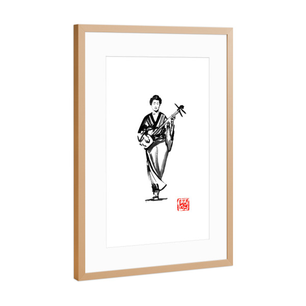 Poster mit Rahmen Kupfer "Walking shamisen" artboxONE - Menschen - Japan,Sumie,Geisha,Shamisen,Schwarzweiß,Blackandwhite