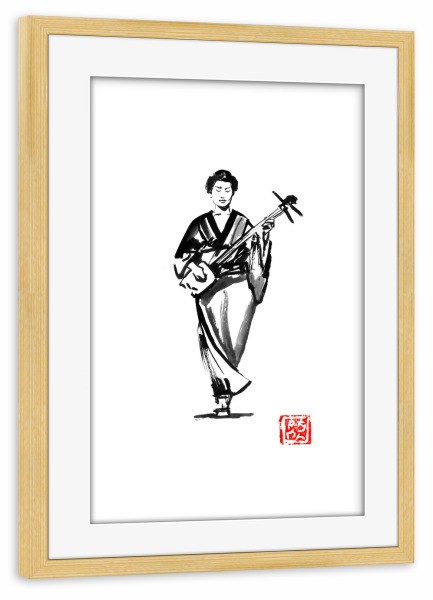 Poster mit Rahmen kiefer "Walking shamisen" artboxONE - Menschen - Japan,Sumie,Geisha,Shamisen,Schwarzweiß,Blackandwhite